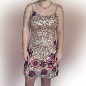 Mac Duggal Champagne Multi Floral Sequined Low Back Mini Dress